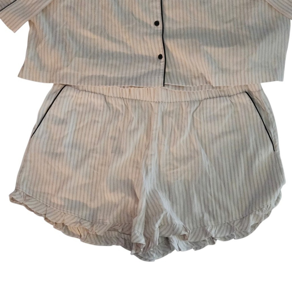 Soma Pajama Set Pink Stripe Button Top Shorts Ruffle Trim Lounge Women's XL - Picture 3 of 6